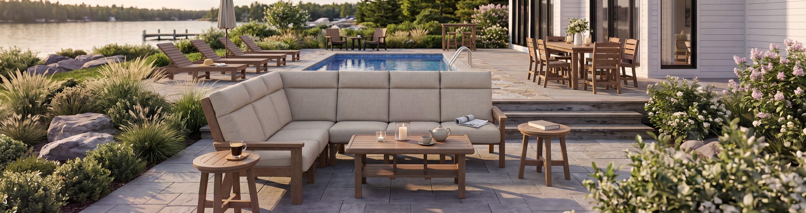 Charleston modular L-shaped sectional with a coffee table on a stone patio beside a lakeside pool