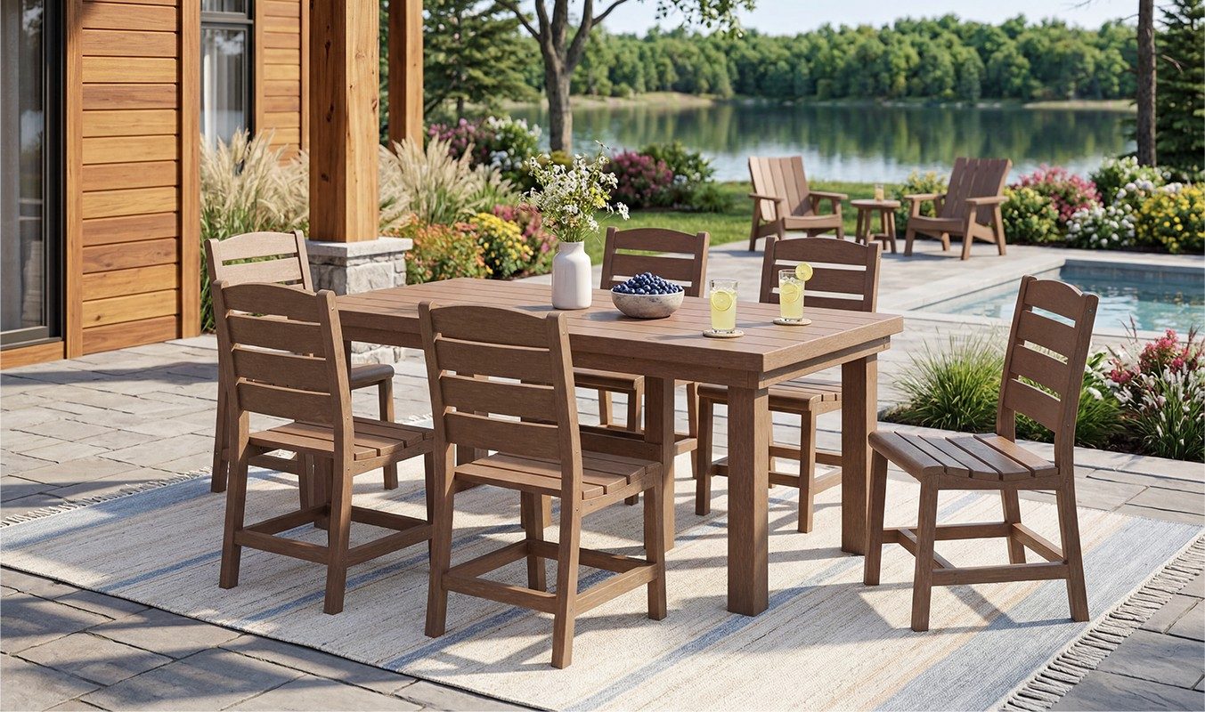 Napa dining table and chairs on a stone patio