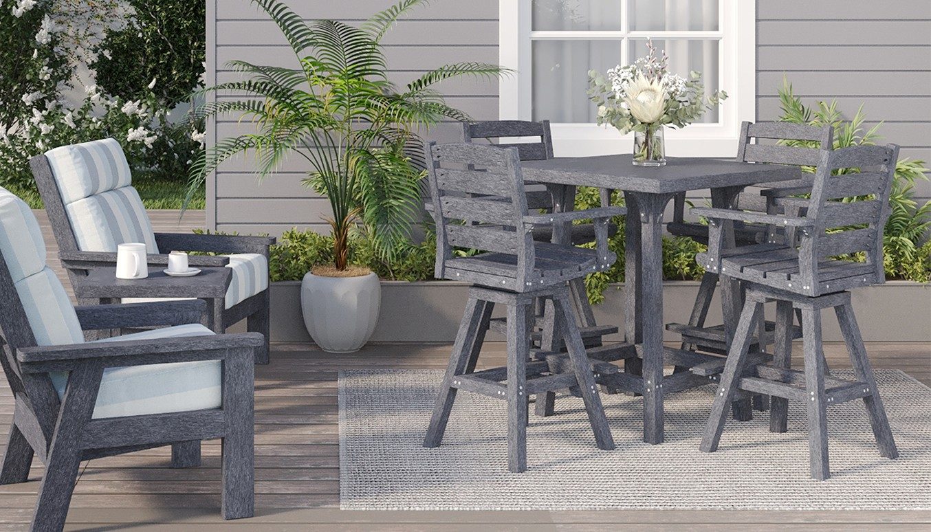 Grey pub-height table with Napa swivel chairs on a deck