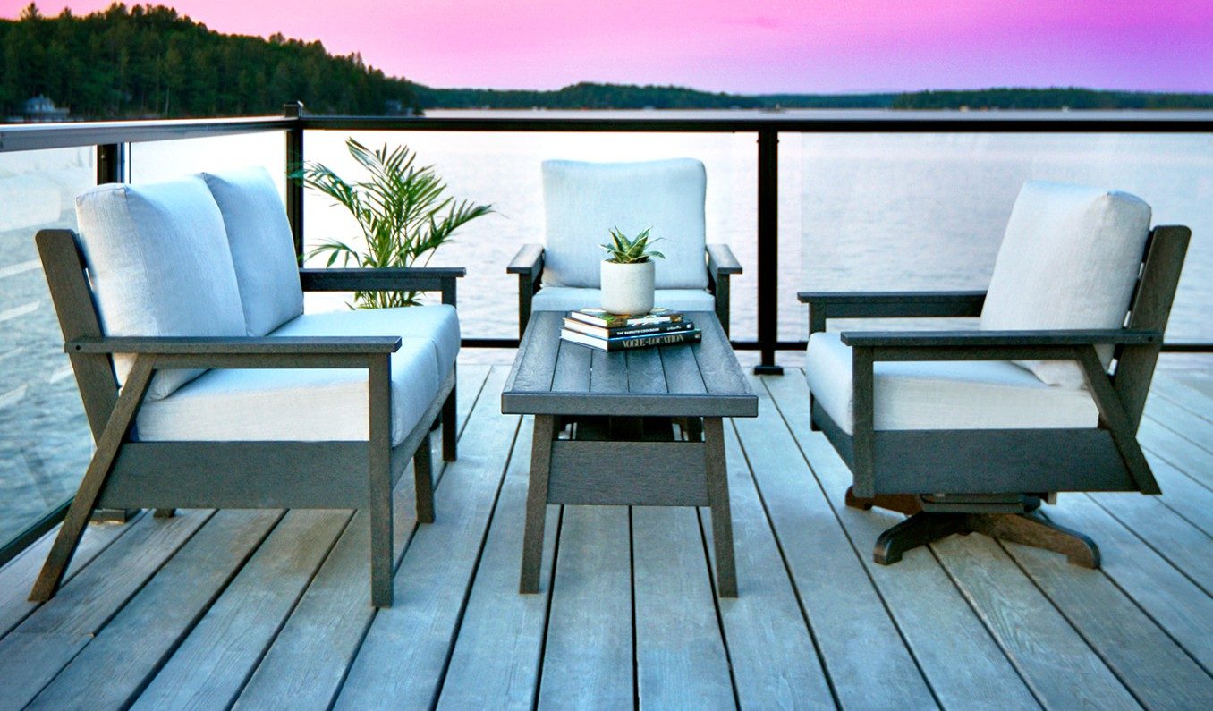 Tofino deep seating chairs and coffee table on a lakeview deck
