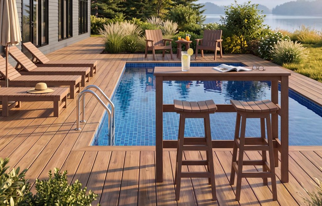 T08 Rail Hugger Pub Table with two C27 Saddle Bar Stools on a poolside deck