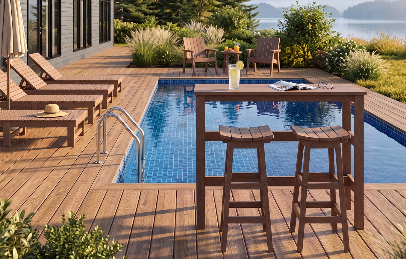 T08 Rail Hugger Pub Table with two C27 Saddle Bar Stools on a poolside deck