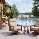 In background, two C41 Chair Chairs in Dune with a T02 Small Round Side Table. T08 Rail Hugger Pub Table in Dune with two C27 Saddle Stools beside a beautiful pool, in front of the pool is two DSF294 Charleston Swivel Arm Chairs in Dune with Sunbrella Cushions