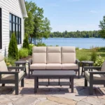 DSF293 Charleston Sofa in Granite with Echo Ash Sunbrella fabric, Two DSF291 Charleston Arm Chairs with Cove Pebble Cushions.