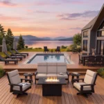 DSF293 Charleston Sofa with DSF294 Charleston Swivel Armchairs around a FT01 Rectangular Fire Table on a deck. In background is a beautiful sunset over the lake.