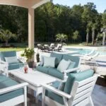 Tofino Deep Seating Set poolside, white frame with light blue sunbrella cushions