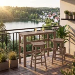 T08 Rail Hugger Bar Table in Dune with 2 C27 Saddle Stools on a small space balcony overlooking a beautiful lake