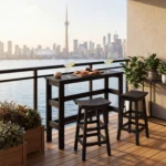 T08 Rail Hugger Bar Table in Granite with 2 C27 Saddle Stools on a small space balcony overlooking Toronto with CN tower